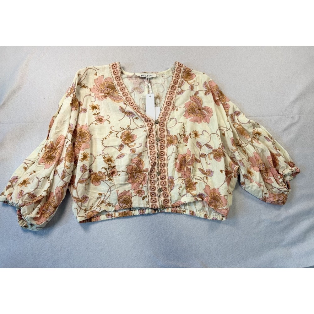 Rose & Olive Floral V-Neck Blouse Small  Peasant Bohemian Style  Crop